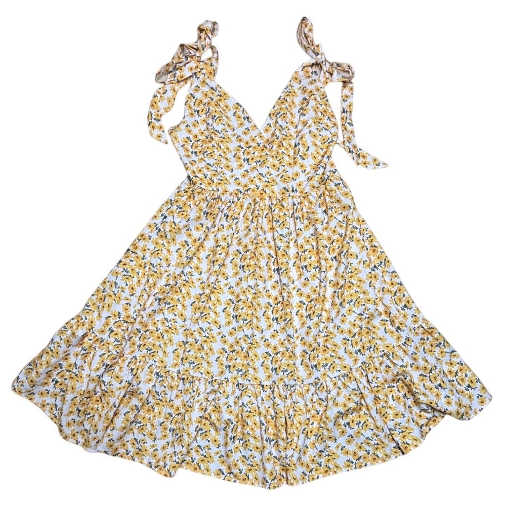 Stellah Womens Size Small Floral Tie Strap Dress Yellow White Ruffle Hem Sun